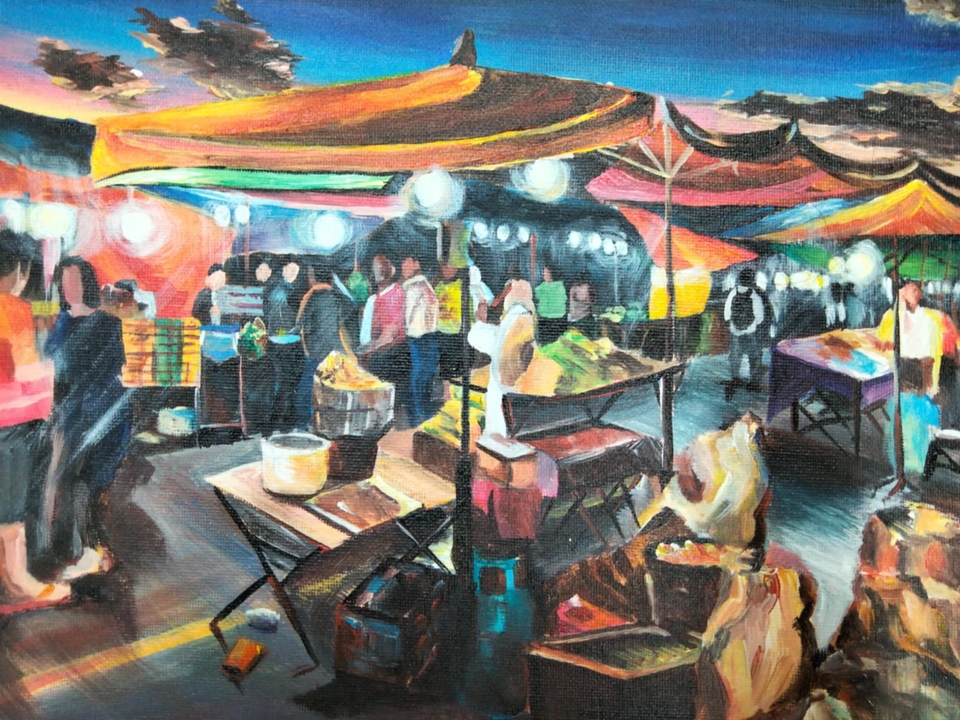 รับวาดภาพเหมือน สีน้ำมัน ภาพเขียนตลาดกลางคืน