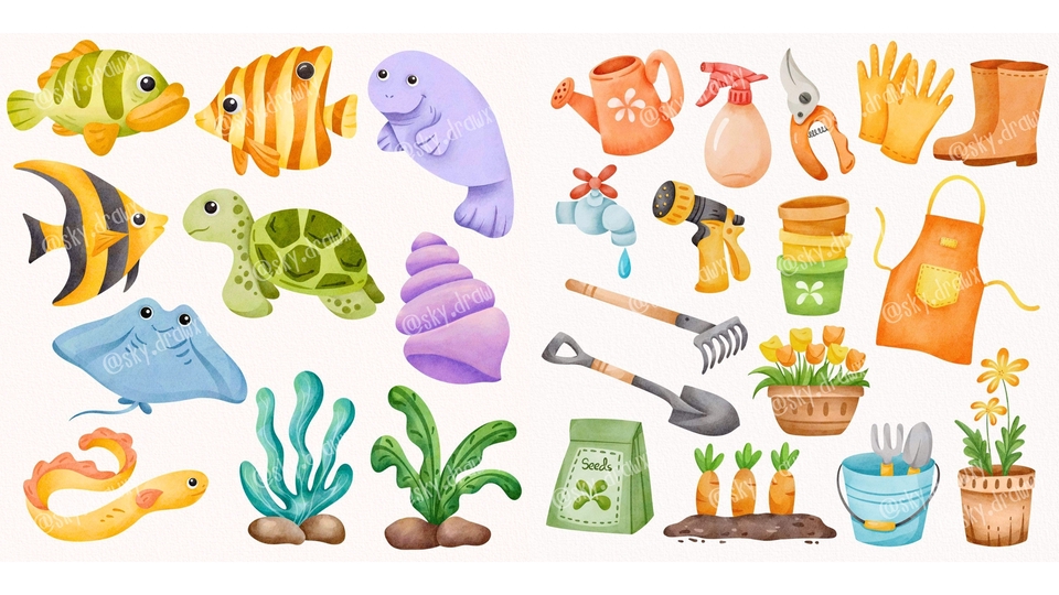 วาดภาพประกอบสีน้ำทะเลและสวนสวย