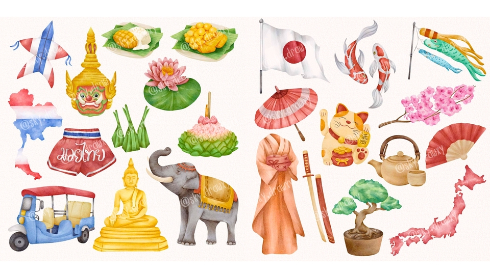 วาดภาพประกอบไทยญี่ปุ่น สไตล์วาดมือ  ภาพประกอบสินค้า  การ์ตูน