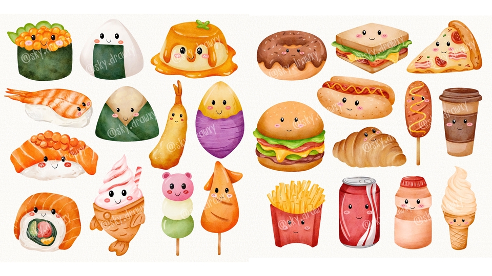 รับวาดภาพประกอบอาหารน่ารัก สไตล์การ์ตูน  วาดภาพดิจิตอลเพ้นท์