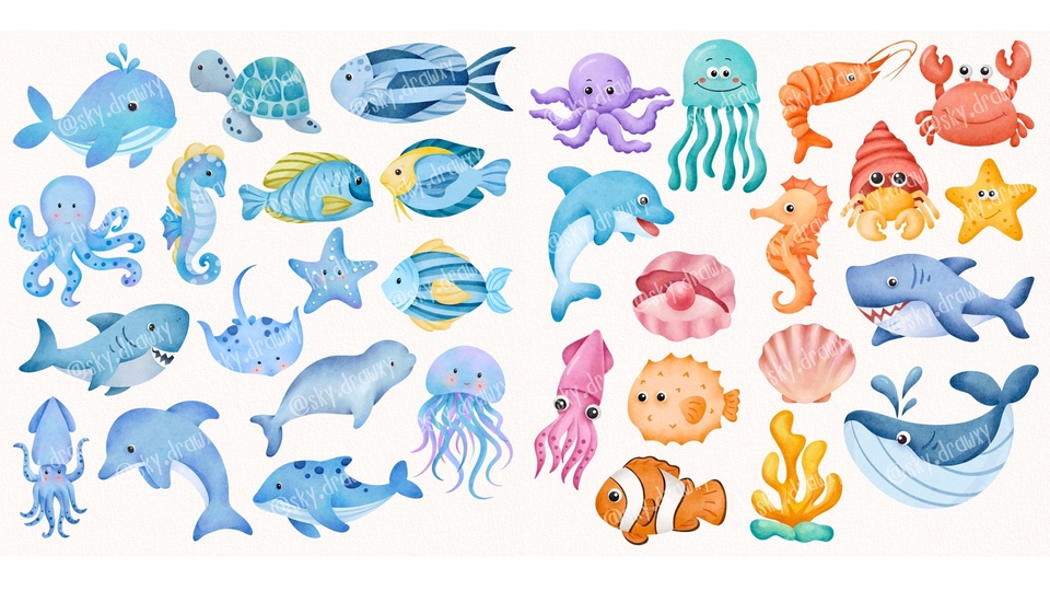 รับวาดภาพประกอบสัตว์ทะเลน่ารัก  ภาพประกอบดิจิตอลเพ้นท์  วาดภาพเด็ก