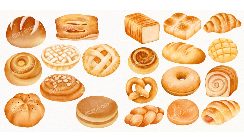 วาดภาพประกอบขนมปังหลากหลายชนิด