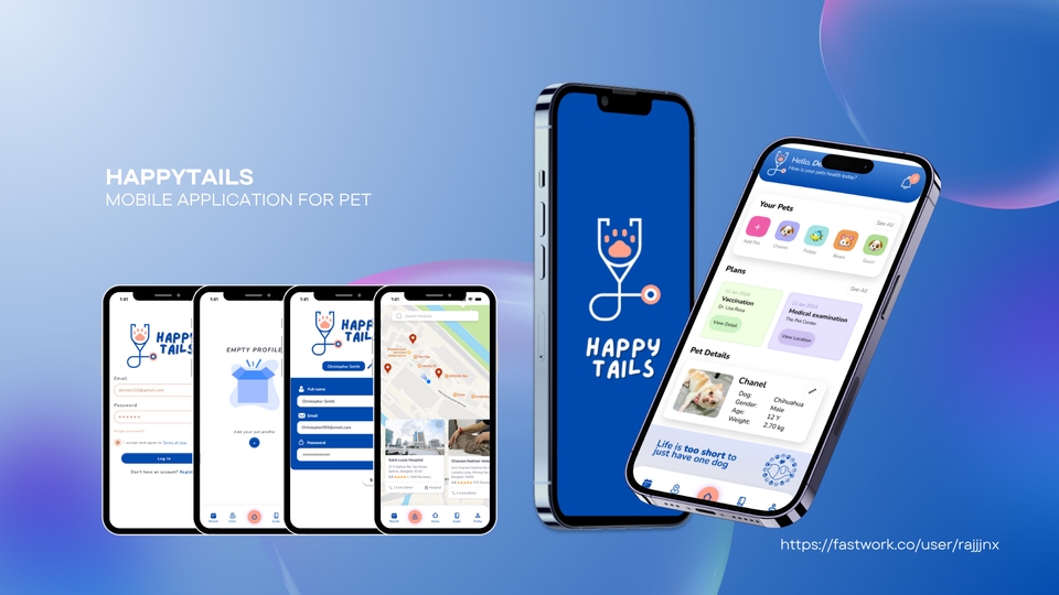 ออกแบบแอพพลิเคชั่น HappyTails สำหรับสัตว์เลี้ยง  UI UX สวยงาม