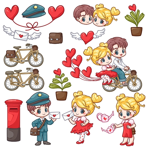 วาดภาพเวกเตอร์คู่รักวันวาเลนไทน์ จักรยาน หัวใจ ส่งจดหมาย