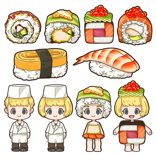 ภาพวาดเวกเตอร์อาหารญี่ปุ่นซูชิการ์ตูนน่ารัก