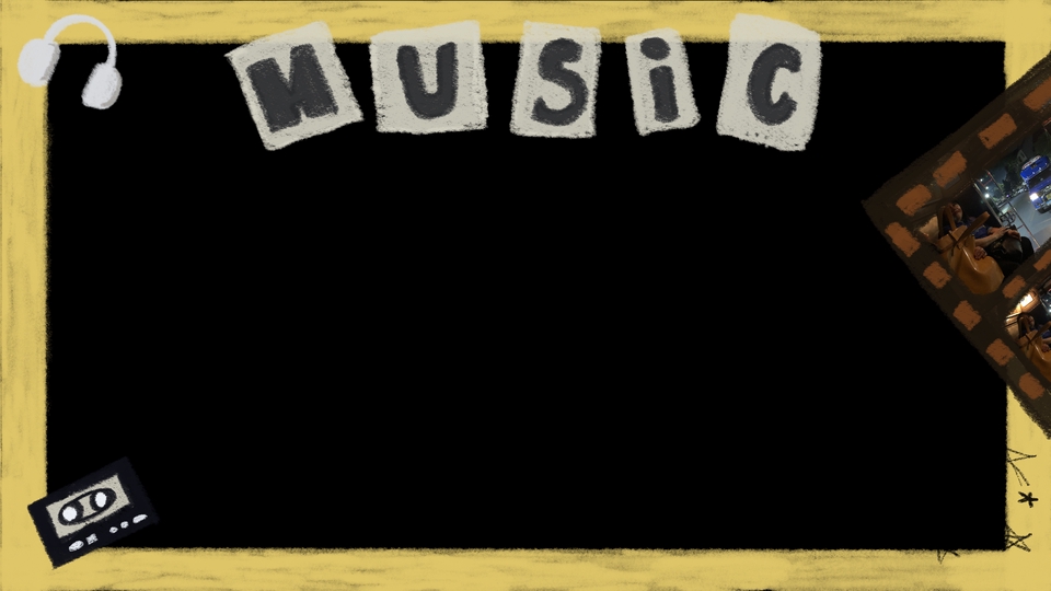 วาดภาพเวกเตอร์ ธีมดนตรี มีตัวอักษร "MUSIC" แปะอยู่บนกระดานดำ มีหูฟัง เทปคาสเซ็ท และฟิล์มภาพถ่าย เหมาะสำหรับออกแบบปกเพลง, วาดภาพประกอบดนตรี, รับวาดรูปเวกเตอร์, ออกแบบภาพ, ภาพวาด vector.