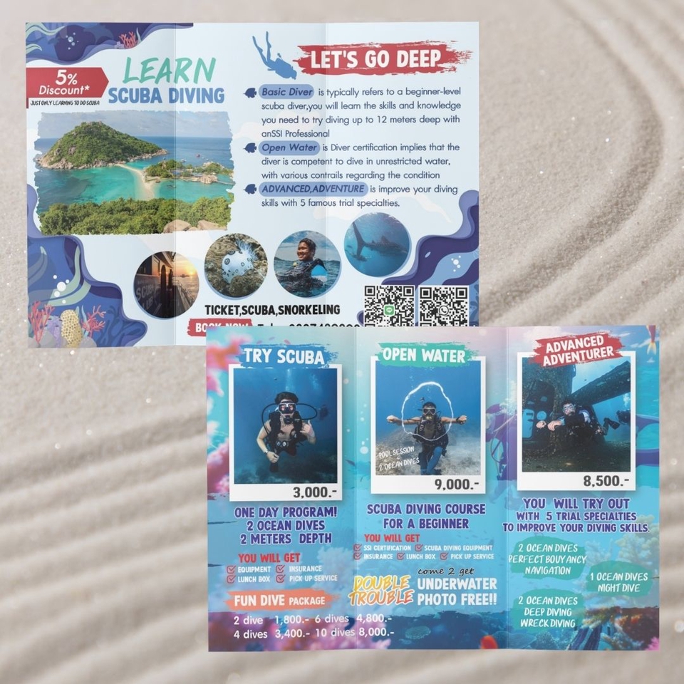 ออกแบบโบรชัวร์ดำน้ำ พับได้ ราคาถูก เรียนดำน้ำ ใบปลิวโปรโมชั่น