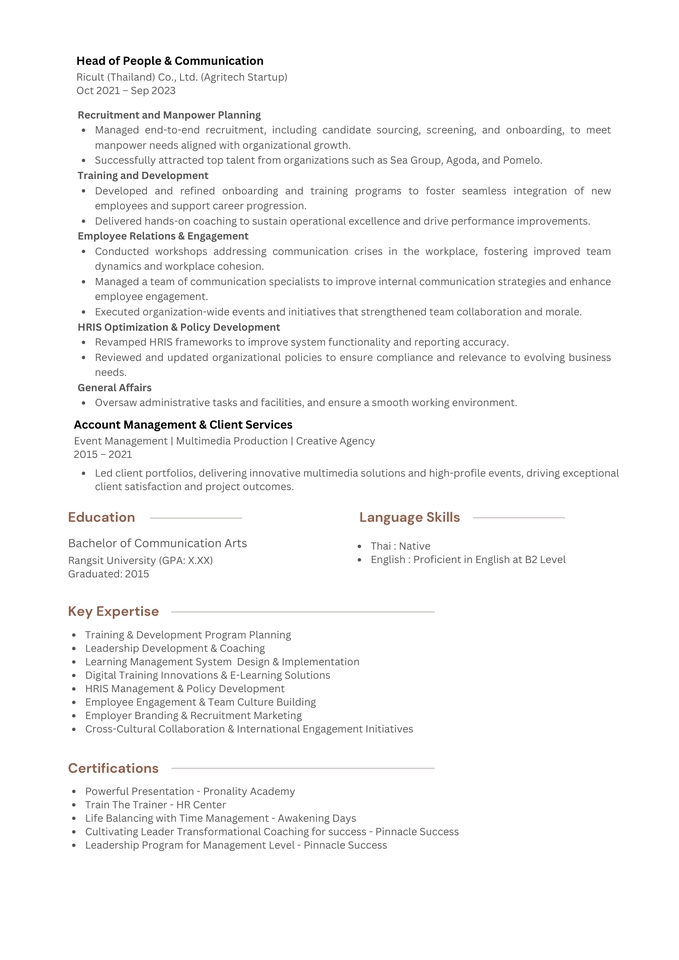 ตัวอย่างเรซูเม่ Head of People & Communication พร้อมประสบการณ์และทักษะที่โดดเด่น