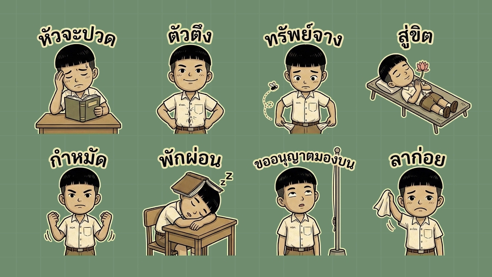 รับทําสติ๊กเกอร์ไลน์ วาดสติ๊กเกอร์ไลน์ สร้างสติ๊กเกอร์ไลน์ ภาพนักเรียนชายแสดงอารมณ์ต่างๆ เหมาะสำหรับนำไปใช้ในการออกแบบสติ๊กเกอร์ไลน์ แสดงความรู้สึก สนใจออกแบบสติ๊กเกอร์ไลน์การ์ตูน สติกเกอร์น่ารักๆ สำหรับใช้ส่วนตัว หรือส่งให้เพื่อน