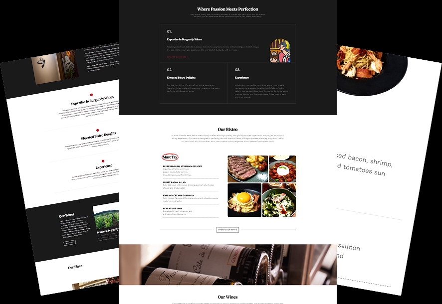 ภาพรวมหน้าเว็บไซต์ Wine Climats และรายละเอียดอาหารพรีเมียมด้วยภาพถ่ายคุณภาพสูง