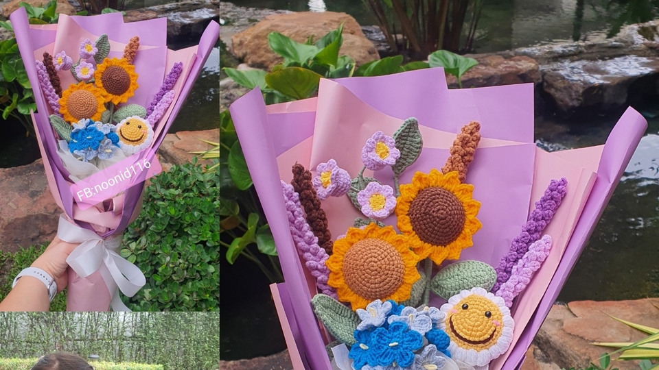 ช่อดอกไม้ถักหน้ายิ้ม ช่อนี้ราคา 500 บาท