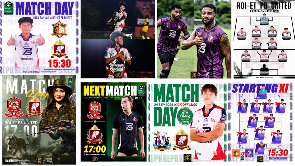รับพิมพ์โปสเตอร์ สั่งทําโปสเตอร์ ราคาถูก โปสเตอร์กีฬา โปรโมทการแข่งขันฟุตบอล โปสเตอร์วันแข่งขัน พร้อมข้อมูลทีมและเวลาแข่งขัน เหมาะสำหรับทำโปสเตอร์ประชาสัมพันธ์ ทีม Roiet PB United และสินค้าอื่น ๆ