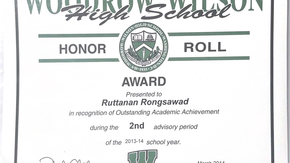 ล่ามแปลภาษาเกาหลี ประกาศนียบัตรเกียรตินิยม รัฐนันท์ โรงเรียนวูดโรว์วิลสัน
