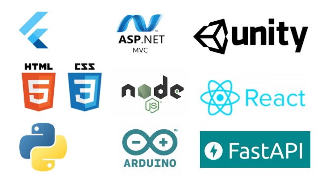 รายละเอียด techstack ที่ใช้ Flutter ASP.NET Unity React FastAPI Node.js HTML CSS