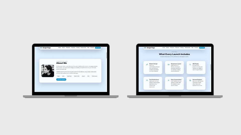Screenshots of about me and features section for the website showcase