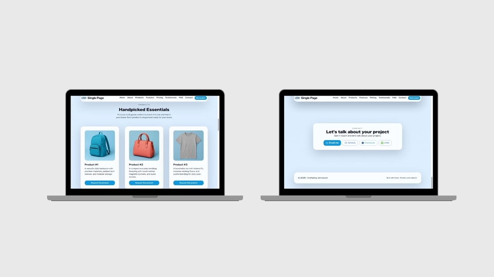 Screenshots of products and contact section for the website showcase