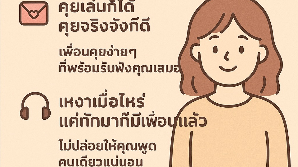 “อยู่เป็นเพื่อนคุย…ไม่ให้คุณเหงาอีกต่อไป”
“เล่าได้ทุกเรื่อง ฟังด้วยใจ ไม่ตัดสิน”🍀
