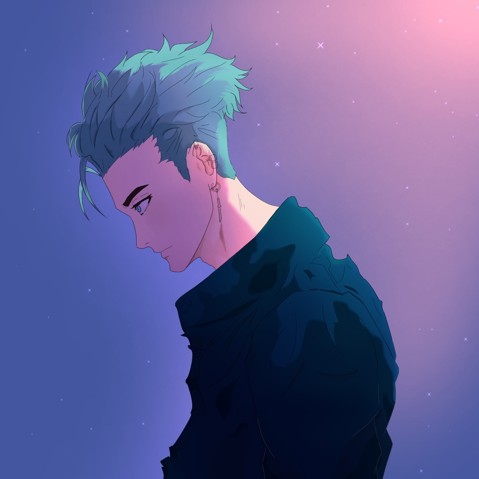 รับวาดรูปอนิเมะชาย ผมฟ้า สไตล์มินิมอล