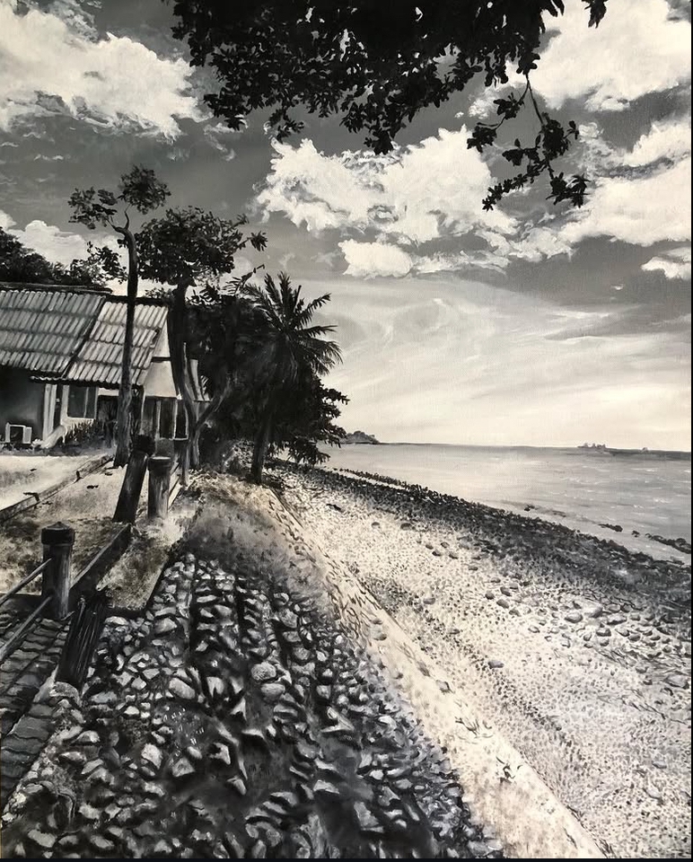 รับวาดภาพเหมือน ภาพวาดสีขาวดำ ชายทะเล บ้านพักตากอากาศ