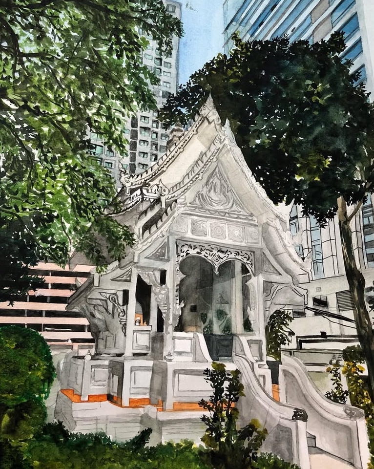 รับวาดภาพเหมือนสีน้ำ วัดไทยในเมือง ภาพวาดสวยงาม