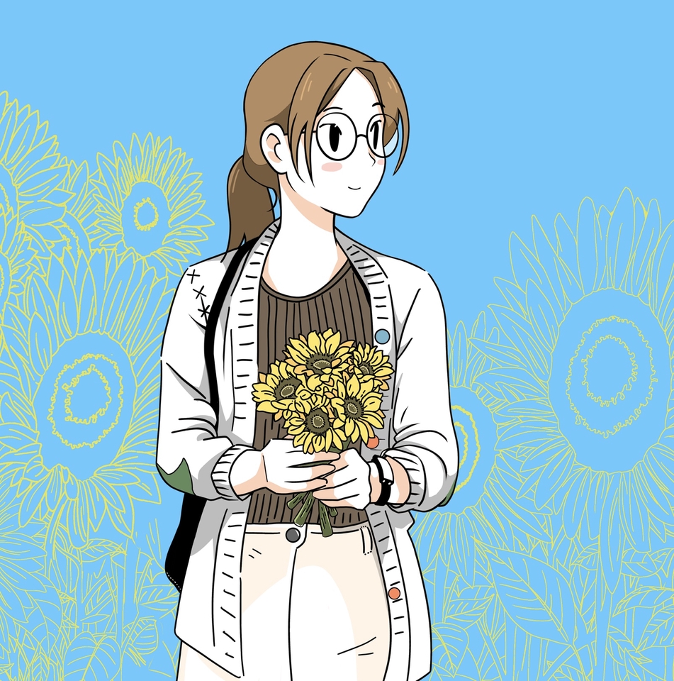 ออกแบบตัวละครสาวผมสีน้ำตาลถือดอกทานตะวัน