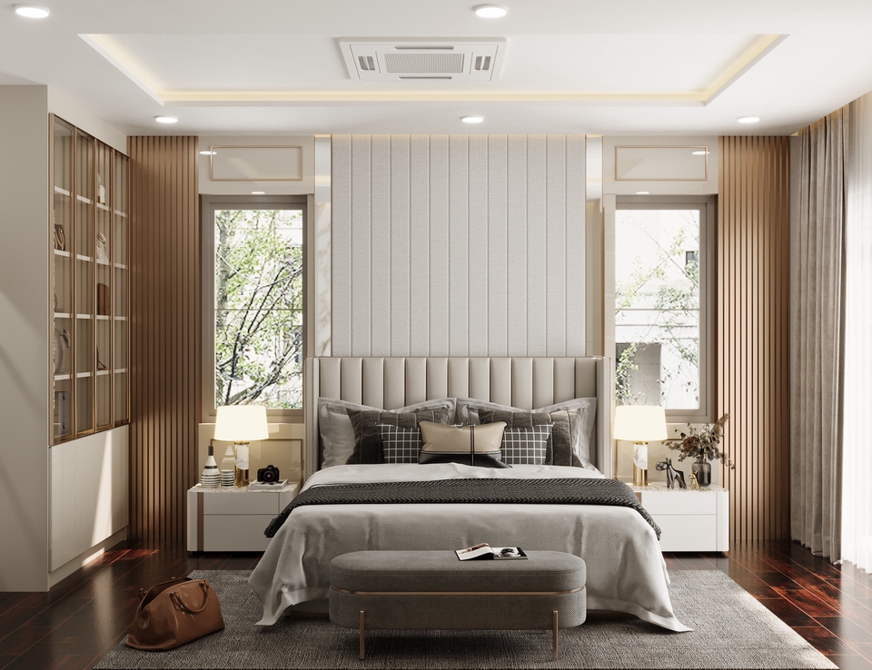 รับออกแบบบ้าน 3d: มุมมองห้องนอนที่สวยงาม ออกแบบ perspective เพื่อนำเสนอการตกแต่งภายในที่หรูหรา เฟอร์นิเจอร์ โทนสีอบอุ่น พร้อมแสงสว่างที่ลงตัว มองเห็นวิวจากหน้าต่างสวยงาม รับเรนเดอร์งาน, โมเดลบ้าน 3 มิติ, ราคาถูก