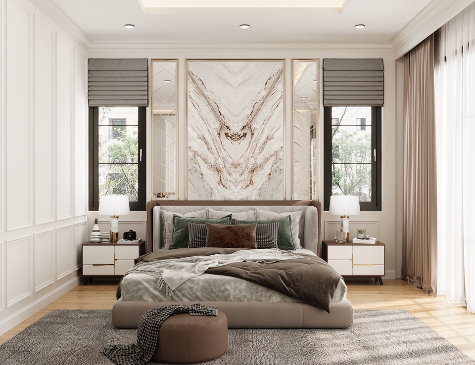 รับทำภาพ 3d perspective ห้องนอนหรูหราพร้อมการออกแบบ 3 มิติที่สวยงาม แสดงถึงการออกแบบบ้าน 3d ที่ทันสมัย มีเตียงขนาดใหญ่ ผ้าม่าน หน้าต่าง และองค์ประกอบการตกแต่งที่หรูหรา บริการรับออกแบบ 3d และ รับเรนเดอร์งาน สไตล์เรียบหรูและน่าดึงดูดใจ