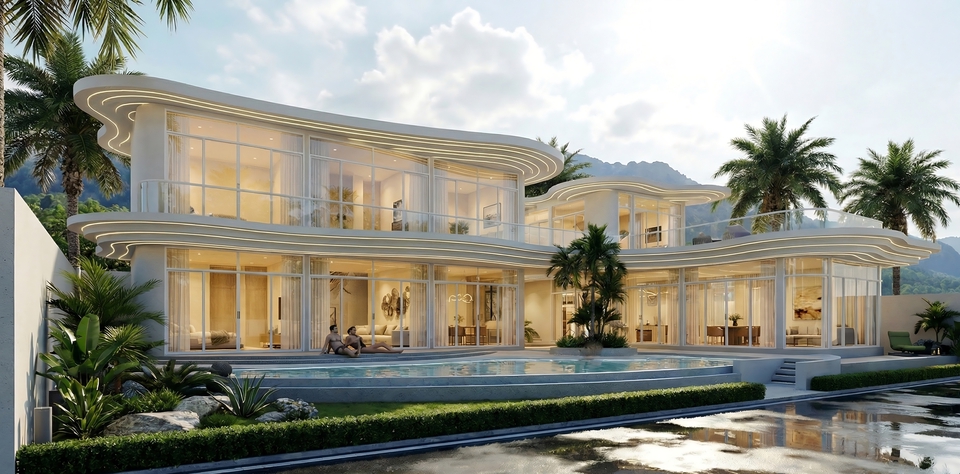 ออกแบบ 3d perspective บ้านหรูสไตล์โมเดิร์นพร้อมสระว่ายน้ำ มองเห็นวิวภูเขา รับเขียนแบบ 3d ออกแบบบ้าน 3d สวยๆ ราคาถูก ออกแบบสถาปัตยกรรม เรนเดอร์ภาพเหมือนจริง โมเดลบ้าน 3 มิติ รับทำภาพ perspective