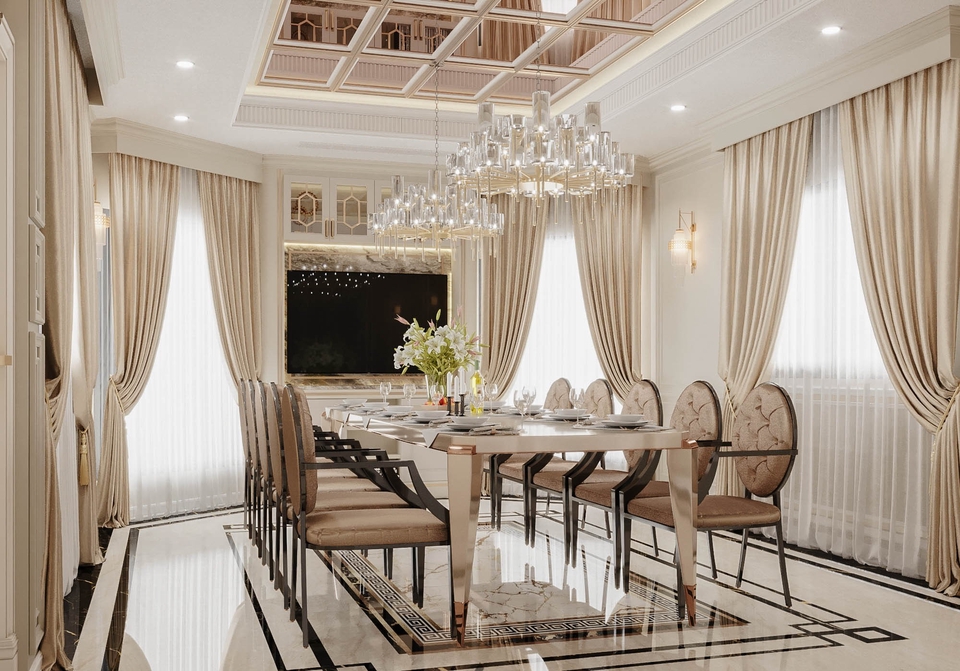 รับออกแบบ 3d perspective: ภาพห้องอาหารหรูหราพร้อมโต๊ะทานอาหารขนาดใหญ่ โคมไฟระย้าสวยงาม ดีไซน์ทันสมัย โทนสีอบอุ่น มองเห็นหน้าต่าง รับเรนเดอร์งาน, ออกแบบบ้าน 3d, โมเดลบ้าน 3 มิติ, รับเขียนแบบ 3d ราคาถูก, งานสถาปัตยกรรม