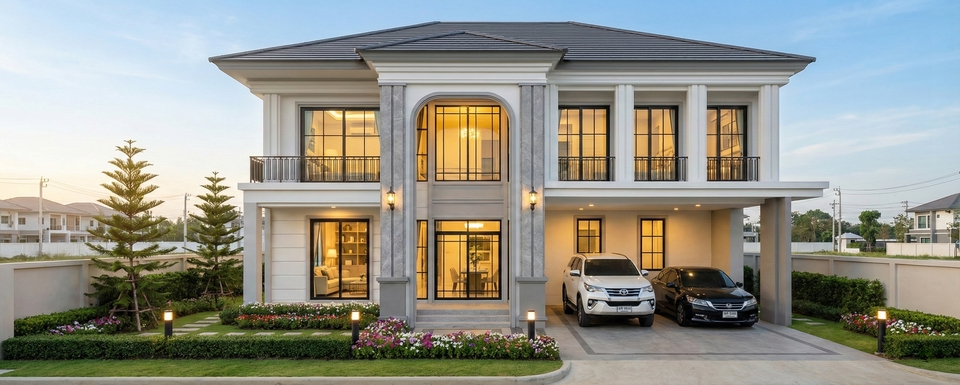 รับออกแบบบ้าน 3d: ภาพ perspective สวยงามของบ้านหรูสองชั้น พร้อมการออกแบบสไตล์คลาสสิก, มุมมอง 3 มิติ, งานเรนเดอร์คุณภาพสูง, รับเขียนแบบบ้าน 3d ราคาถูก, โมเดลบ้าน 3 มิติ, ออกแบบบ้าน, 3d perspective