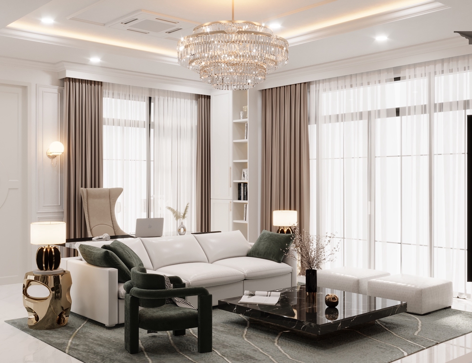 ออกแบบ perspective ห้องนั่งเล่นหรูหราพร้อมโคมไฟระย้าสวยงามและเฟอร์นิเจอร์ทันสมัย รับเขียนแบบ 3d ออกแบบบ้าน 3d ราคาถูก พร้อมภาพ 3 มิติเหมือนจริง งานออกแบบตกแต่งภายใน บ้านและคอนโด โมเดลบ้าน 3 มิติ