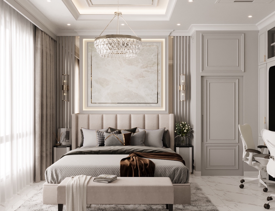 รับออกแบบบ้าน 3d perspective หรูหรา มองเห็นการตกแต่งภายในห้องนอนที่สวยงาม พร้อมเตียงขนาดใหญ่ หมอนอิงหลายใบ โคมไฟระย้าดีไซน์เก๋ ภาพ 3 มิติสวยๆ รับเขียนแบบ 3d พร้อมเรนเดอร์งานละเอียด บ้านหรู คอนโด สถาปัตยกรรม เฟอร์นิเจอร์