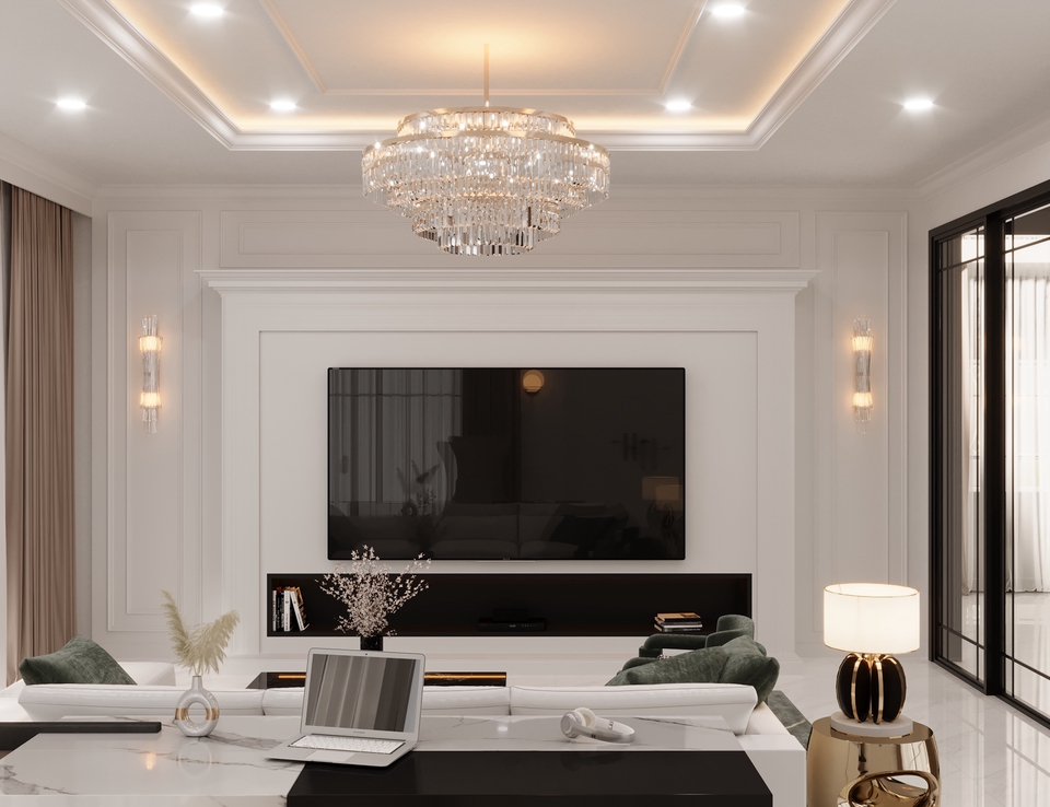 รับออกแบบ 3d perspective: ภาพนี้แสดงการออกแบบภายในบ้านที่สวยงามด้วยสไตล์หรูหราทันสมัย มีการจัดวางเฟอร์นิเจอร์อย่างลงตัว โคมไฟระย้าสวยงาม ภาพ perspective 3 มิติ รับเขียนแบบบ้าน 3d ตกแต่งภายใน บ้านหรู