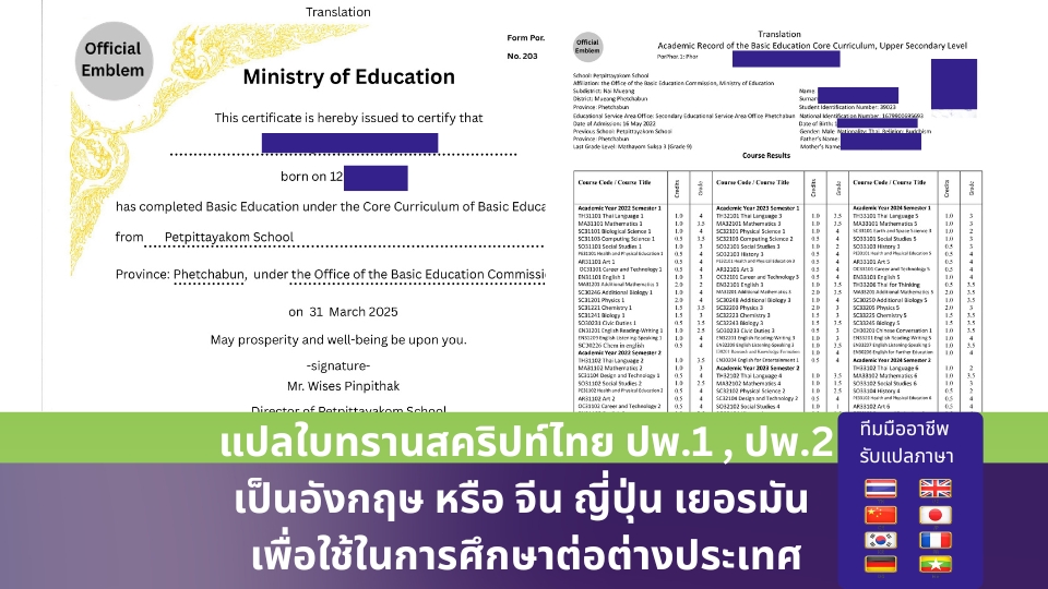 แปลทรานสคริปท์ไทย
แปลประกาศนียบัตรกระทรวงศึกษา ,แปล GR-TH , แปล TH-GR, traslation แปลภาษา