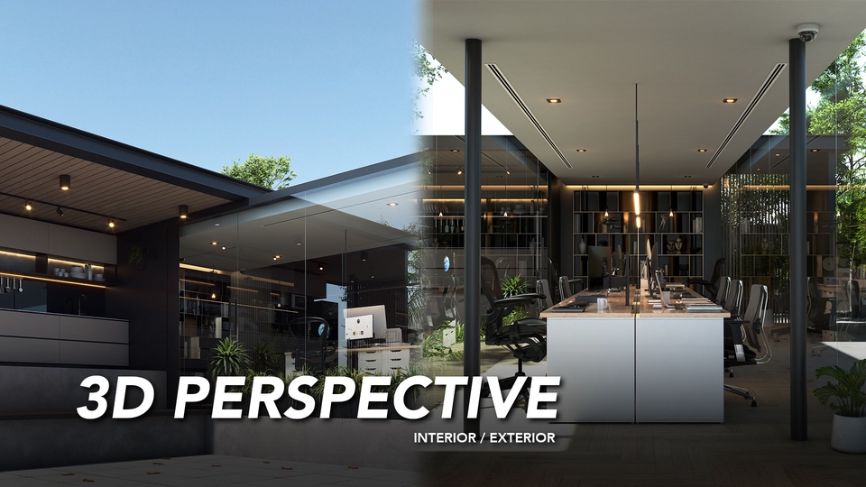 รับออกแบบ 3d perspective: ภาพ 3 มิติแสดงมุมมองภายนอกและภายในของอาคารสำนักงานทันสมัย มองเห็นโต๊ะทำงาน เก้าอี้ และการจัดวางเฟอร์นิเจอร์ รับเรนเดอร์งาน, โมเดลบ้าน 3 มิติ, ออกแบบบ้าน 3d, ออกแบบร้าน 3d, รับเขียนแบบบ้าน 3d ราคาถูก