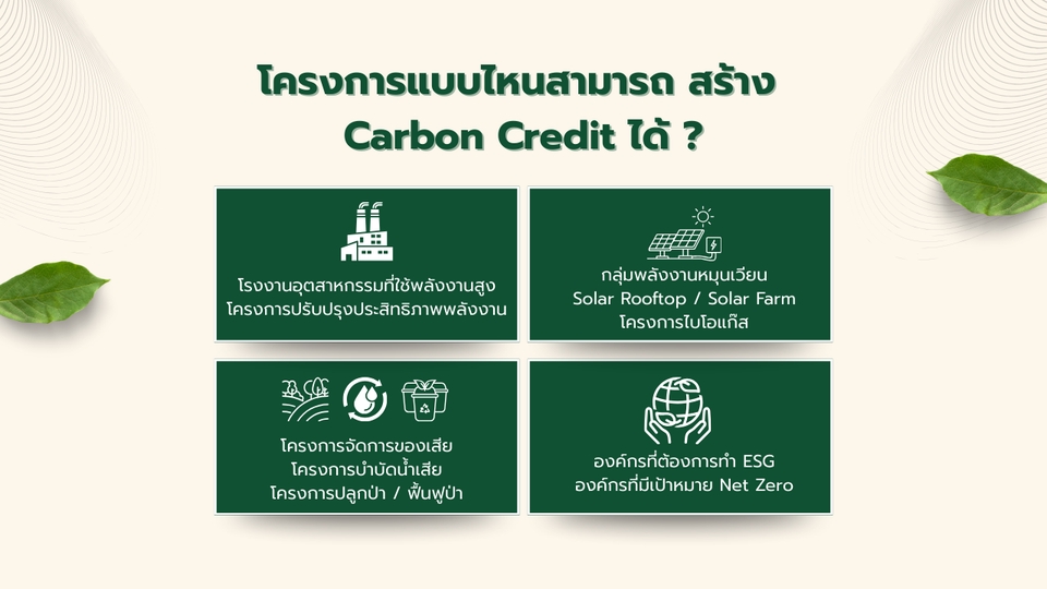 ตัวอย่างโครงการที่สามารถพัฒนา Carbon Credit เช่น Solar Biomass และ Energy Efficiency